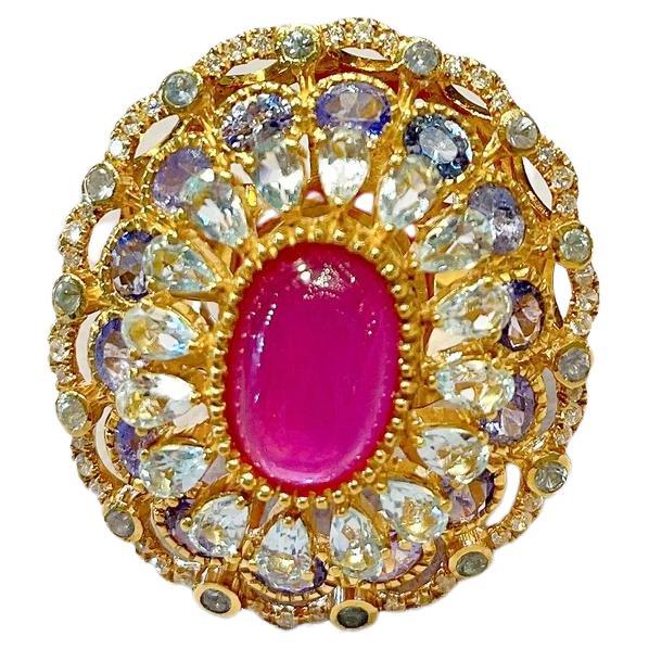 Anillo de Cóctel Bochic "Capri" Rubí Rojo, Tanzanita, Topacio Azul y Blanco