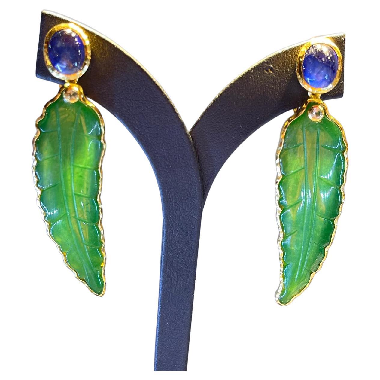 Bochic “Orient” Green Jade Earrings with Blue Sapphires Set in 22K Gold & Silver For Sale