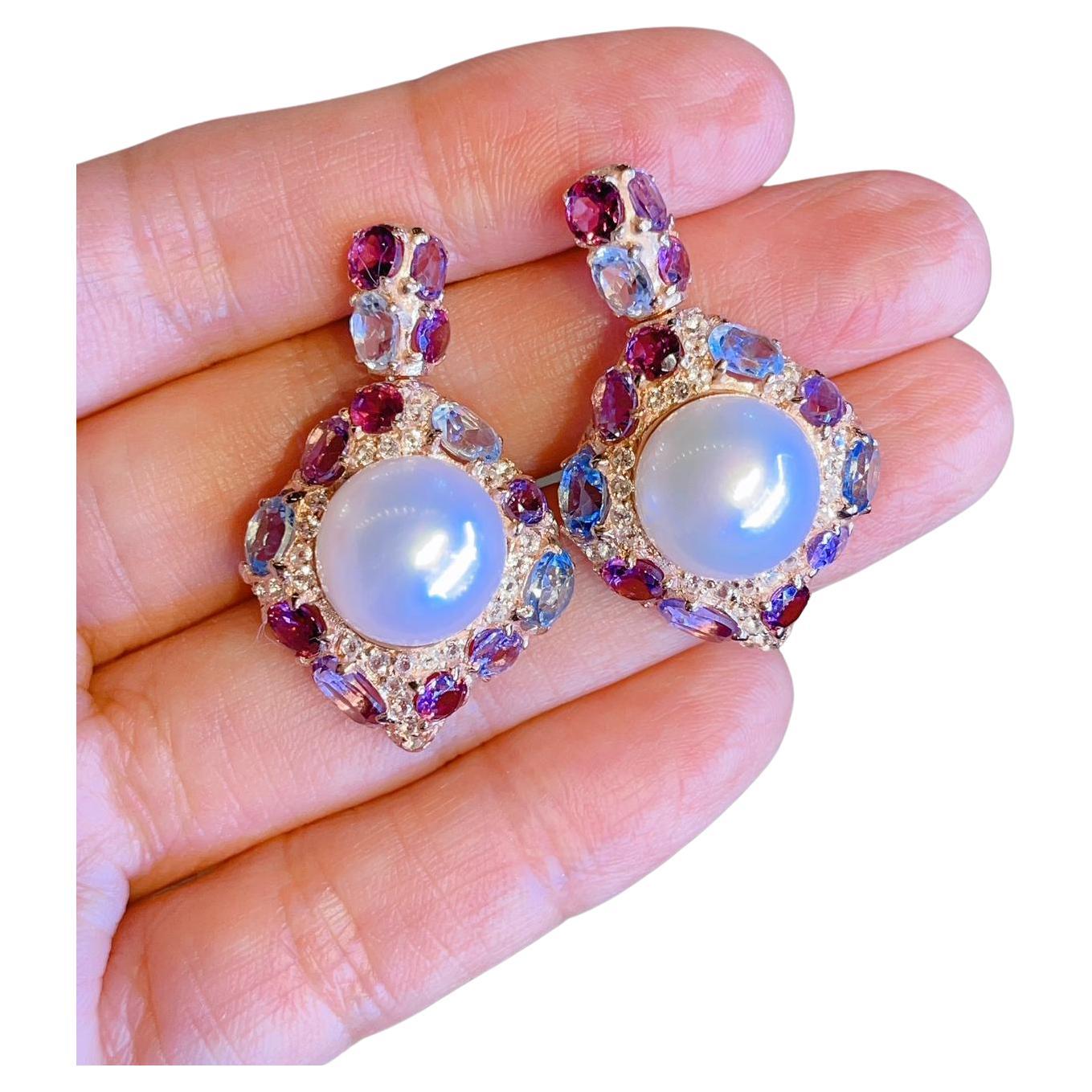 Bochic “Capri” South Sea Pearl Earrings with Natural Amethyst, Topaz & Rdorite For Sale