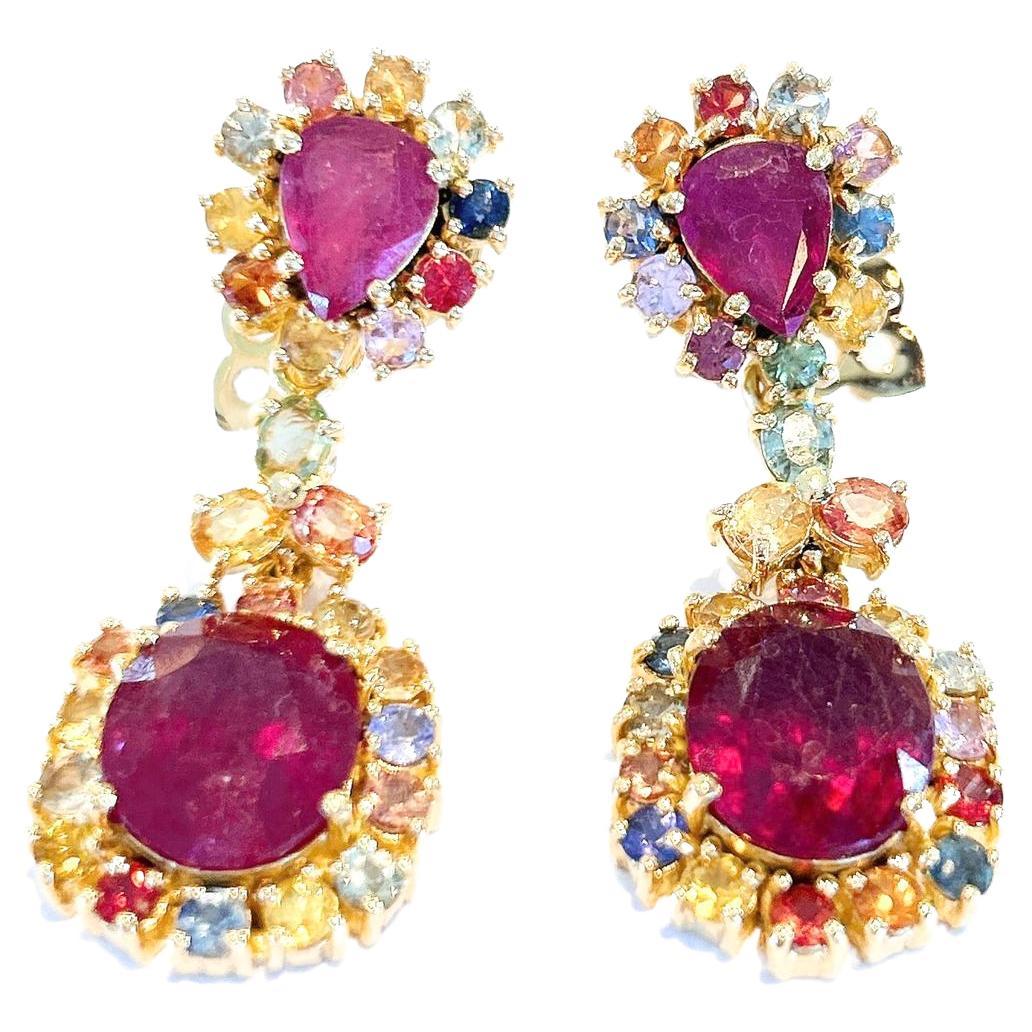 “Capri” Campari Ruby & Multi Color Sapphire Earrings Set in Gold&Silver  For Sale