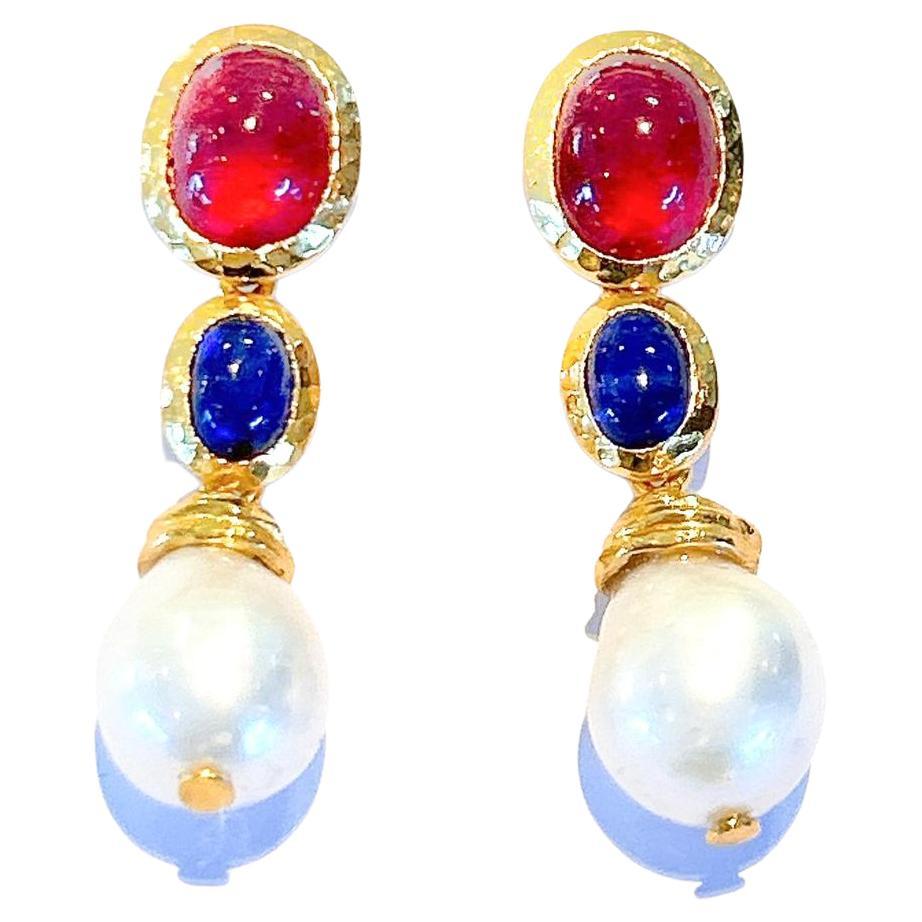 Bochic “Capri” Red Ruby & Blue Sapphire Earrings Set in 22k Gold & Silver For Sale