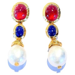 Vintage Bochic “Capri” Red Ruby & Blue Sapphire Earrings Set in 22k Gold & Silver