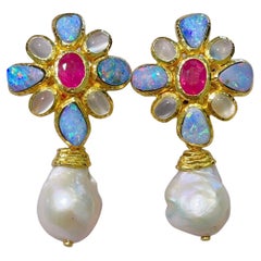 Bochic “Capri”, Ruby, Blue Opal & Moonstone Earrings Set in 22 Gold & Silver