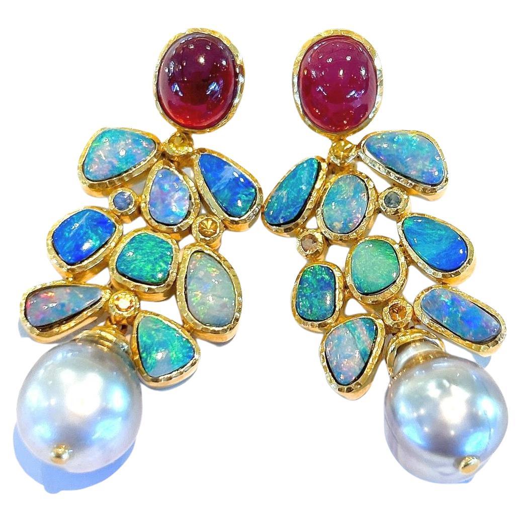 Bochic “Capri”, Ruby, Blue Opal & Tahiti Pearl Earrings Set in 22 Gold & Silver 