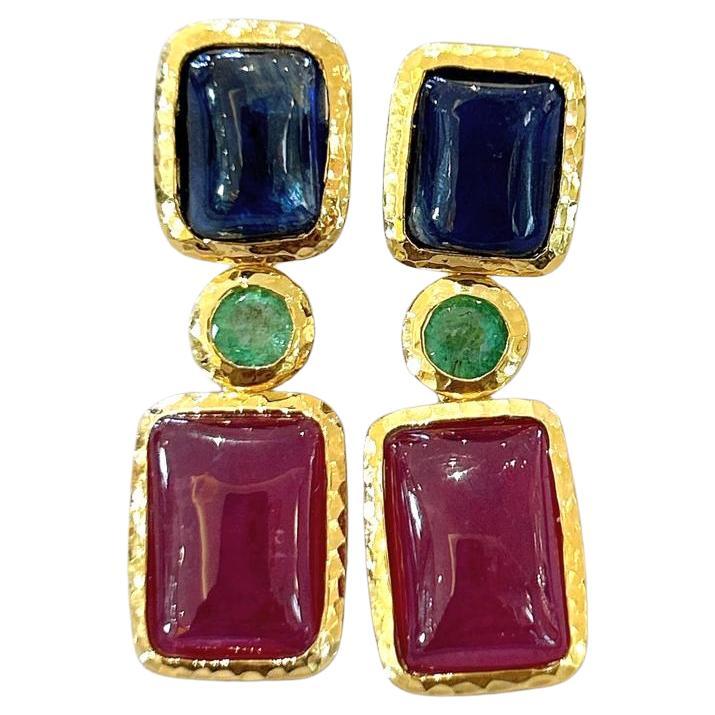 Bochic “Orient” Ruby, Emerald & Sapphire Earrings Set In 18K Gold & Silver 