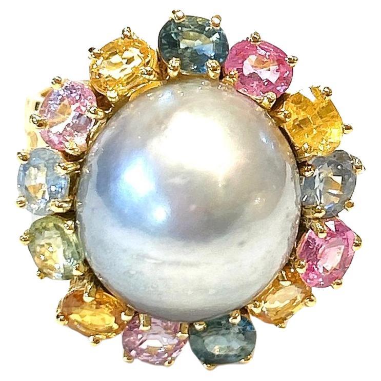 Bochic “Orient” Tahiti South Sea & Multi Sapphire Cluster Ring Set 18K & Silver For Sale