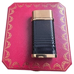 Cartier Vintage Gold Plated Black Lacquered “Cartier” Lighter In Original Case