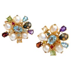 Bochic "Orient" Boucles d'oreilles Vintage Retro Multi Gem Burst Or et Argent 18K