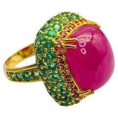 Bague Bochic Orient en or jaune massif 18 carats, émeraude naturelle et rubis