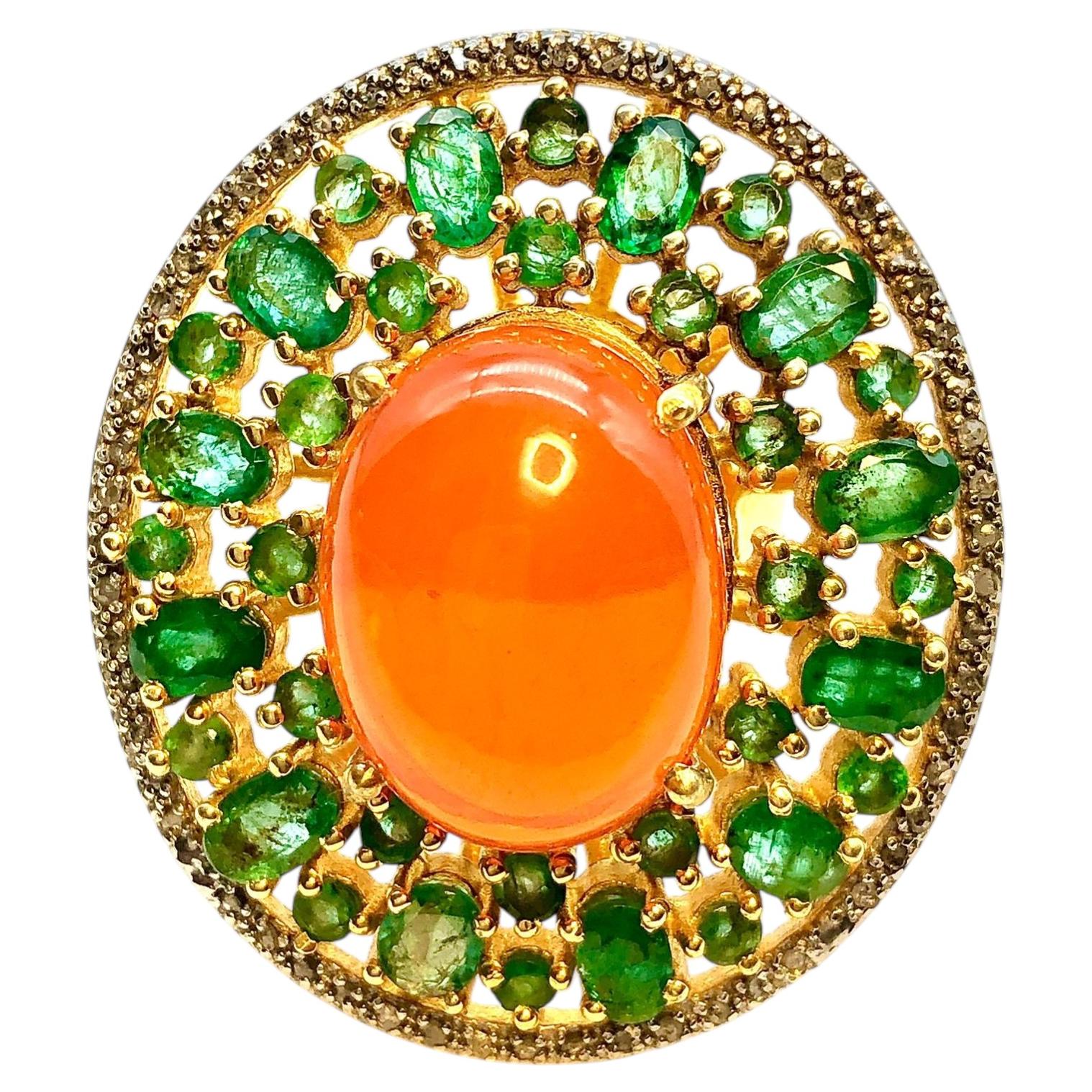 Bochic “Orient” Vintage Orange Opal, Emerald & Diamond Ring Set In 18K & Silver For Sale