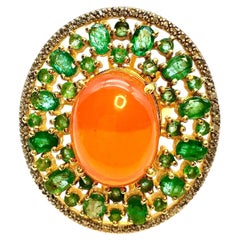Bochic “Orient” Vintage Orange Opal, Emerald & Diamond Ring Set In 18K & Silver