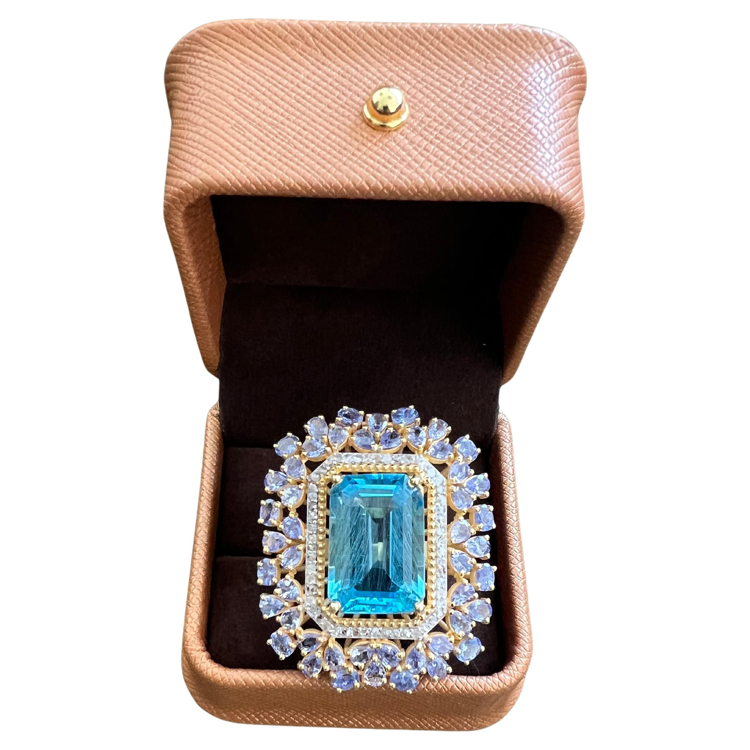 Bochic “Orient” Vintage Diamond, Tanzanite & Blue Topaz Ring Set 18K Gold & Silv For Sale