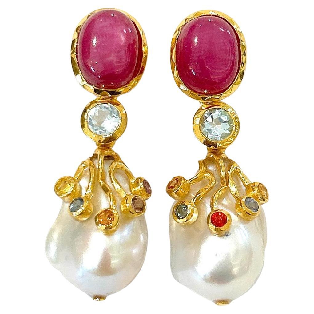 Orecchini Bochic "Orient" con rubino, topazio e zaffiro multiplo in oro e argento 18 carati in vendita