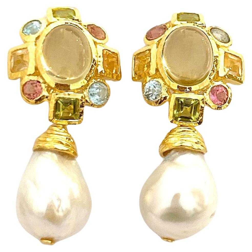 Bochic "Orient" Set di orecchini con quarzo limone, rodorite e perle in oro e argento 18 carati in vendita