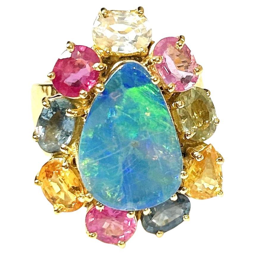 Anello Bochic "Orient" con opale blu vintage e zaffiro fantasia in oro e argento 18 carati