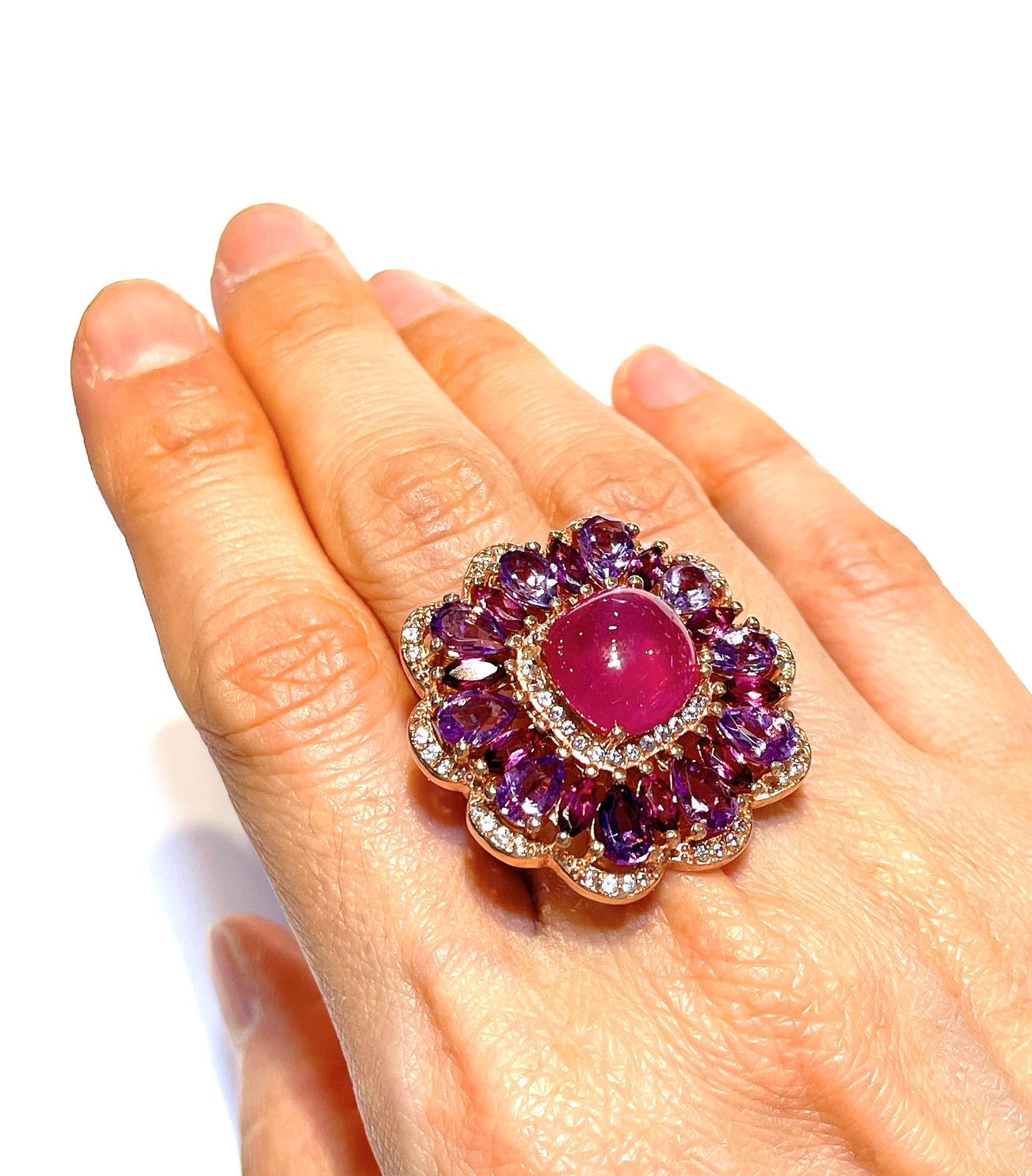 da uomo o donna Anello da cocktail con rubino d'epoca e gemme multicolore Bochic 