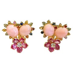 Bochic “Orient” Vintage Ruby, Pink Opal & Multi Sapphire Earrings Set 18K Gold &