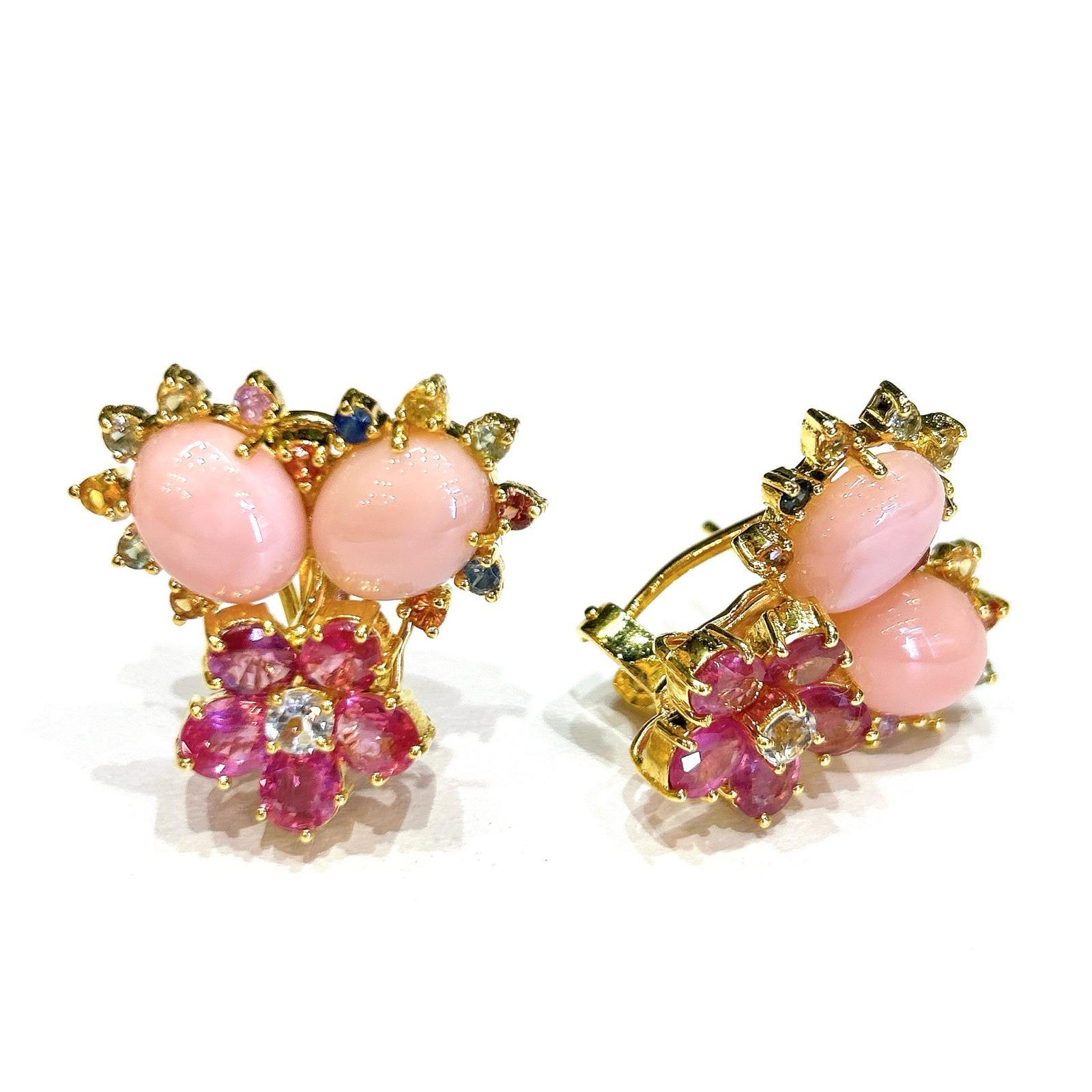 Bochic “Orient” Vintage Ruby, Pink Opal & Multi Sapphire Earrings Set 18K Gold & In Excellent Condition For Sale In New York, NY