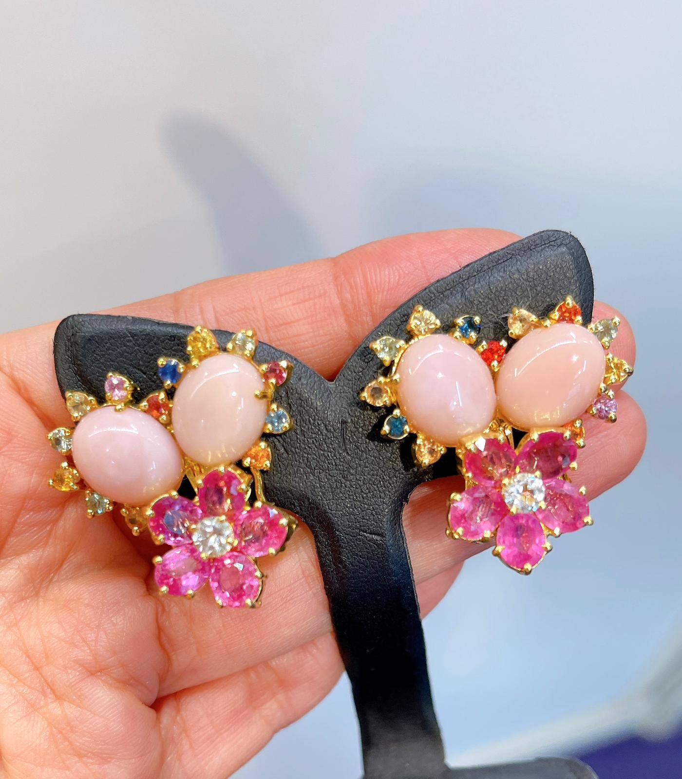 Bochic “Orient” Vintage Ruby, Pink Opal & Multi Sapphire Earrings Set 18K Gold & For Sale 12
