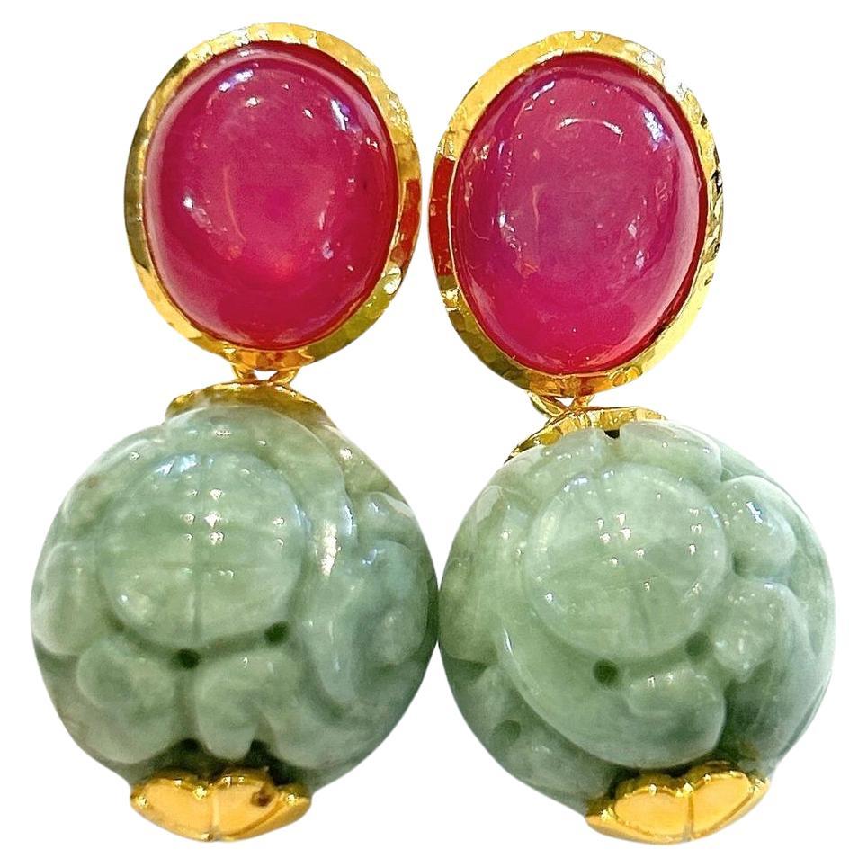 Bochic "Orient" Roter Rubin & geschnitzte Vintage Mint Jade Ohrringe 18K Gold & Silber