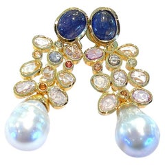 Bochic "Capri" Boucles d'oreilles Vintage Multi Saphirs et Rubis en Or 18K et Argent