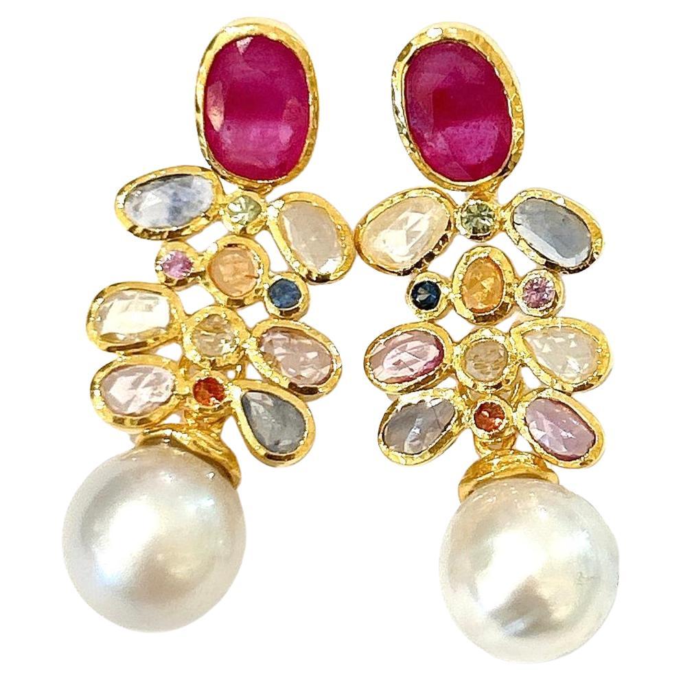 Bochic "Capri" Vintage Rubin & Multi Saphir Ohrringe Set in 18K Gold & Silber
