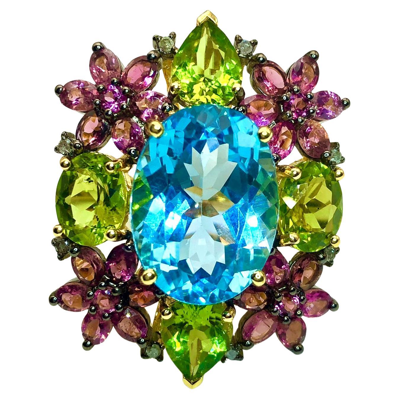 Anello Bochic "Orient" con diamanti, peridoto, ametista e topazio blu, 18 carati e argento