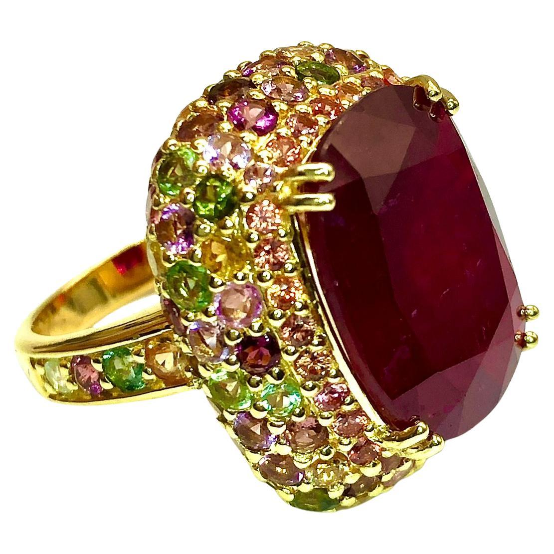 Bochic "Capri" Bague Vintage Rubis et Tourmalines multicolores en Or 18K et Sil