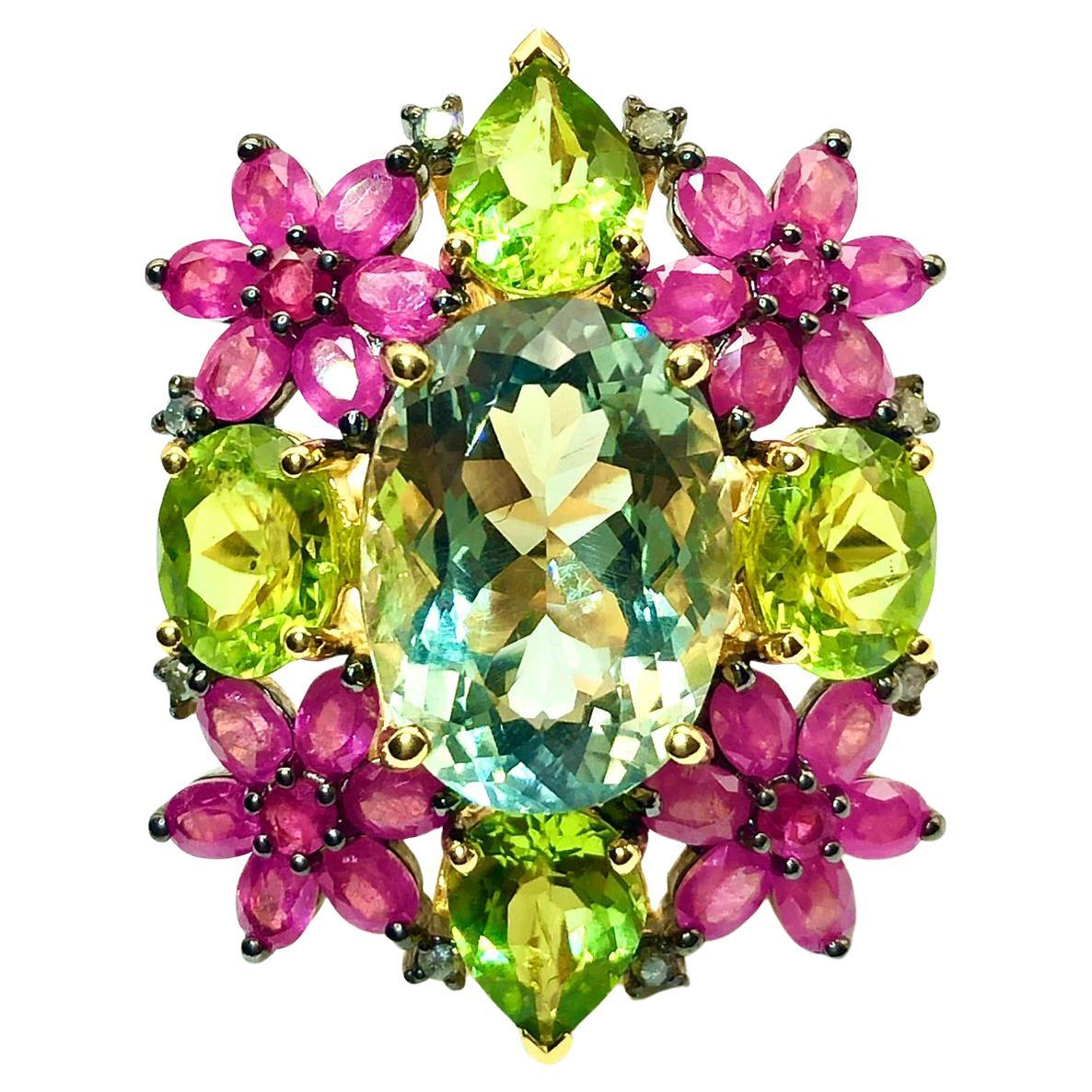 Anello Bochic "Orient" con diamanti, peridoto, tormalina e topazio blu, 18 carati e argento
