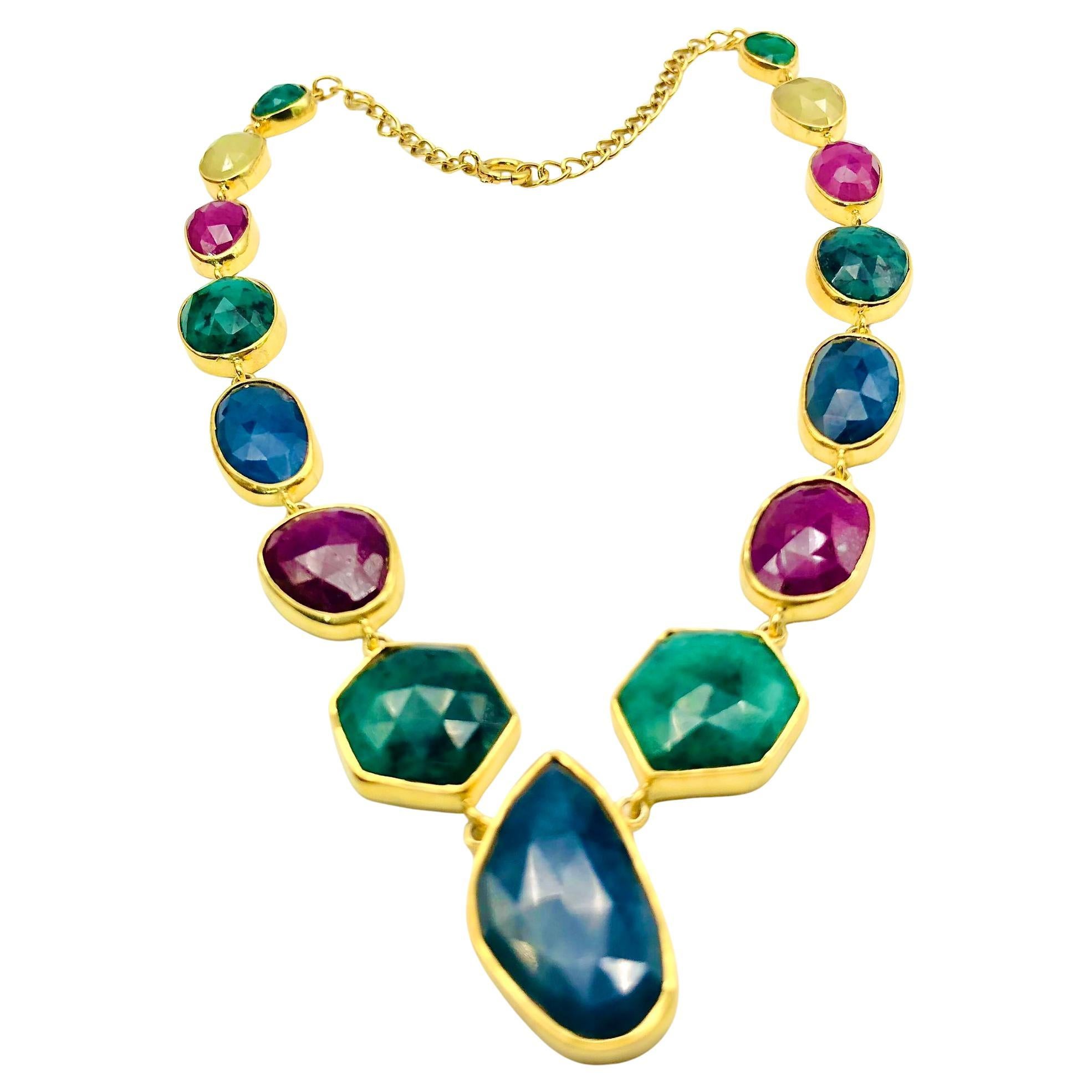 Bochic “Capri” Blue, Multi Sapphire, Emerald & Ruby Necklace Set 18K Gold & Silv
