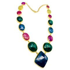 Bochic “Capri” Blue, Multi Sapphire, Emerald & Ruby Necklace Set 18K Gold & Silv