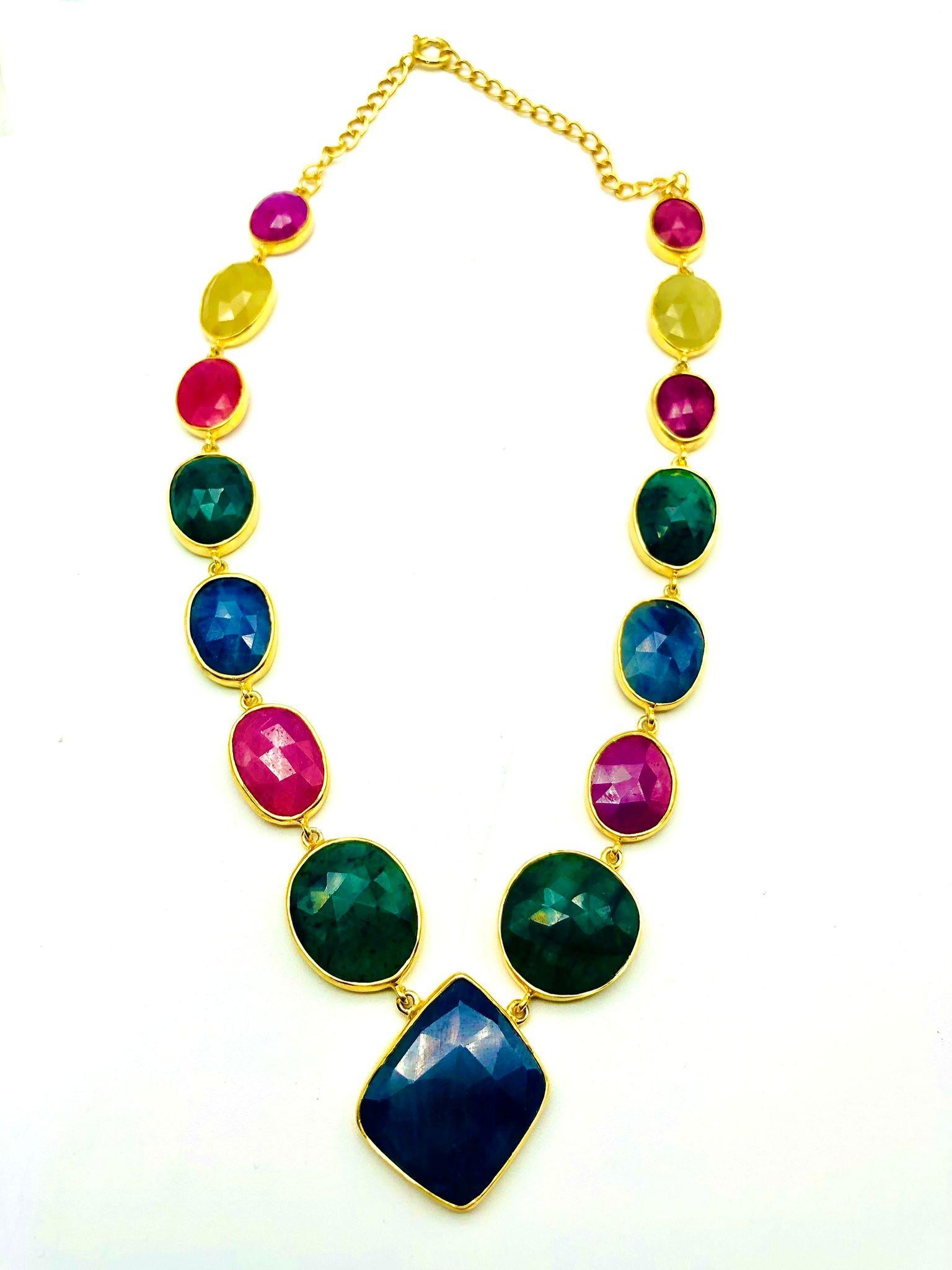 Antique Cushion Cut Bochic “Capri” Blue, Multi Sapphire, Emerald & Ruby Necklace Set 18K Gold & Silv For Sale