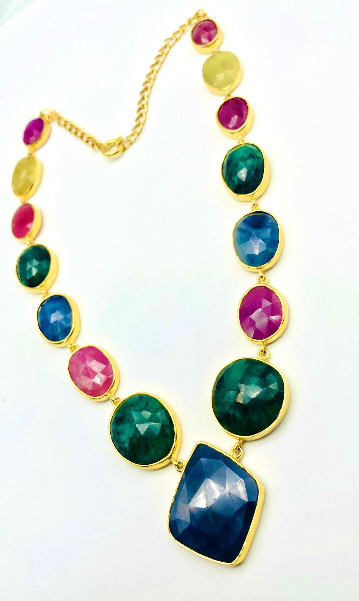 Bochic “Capri” Blue, Multi Sapphire, Emerald & Ruby Necklace Set 18K Gold & Silv For Sale 2