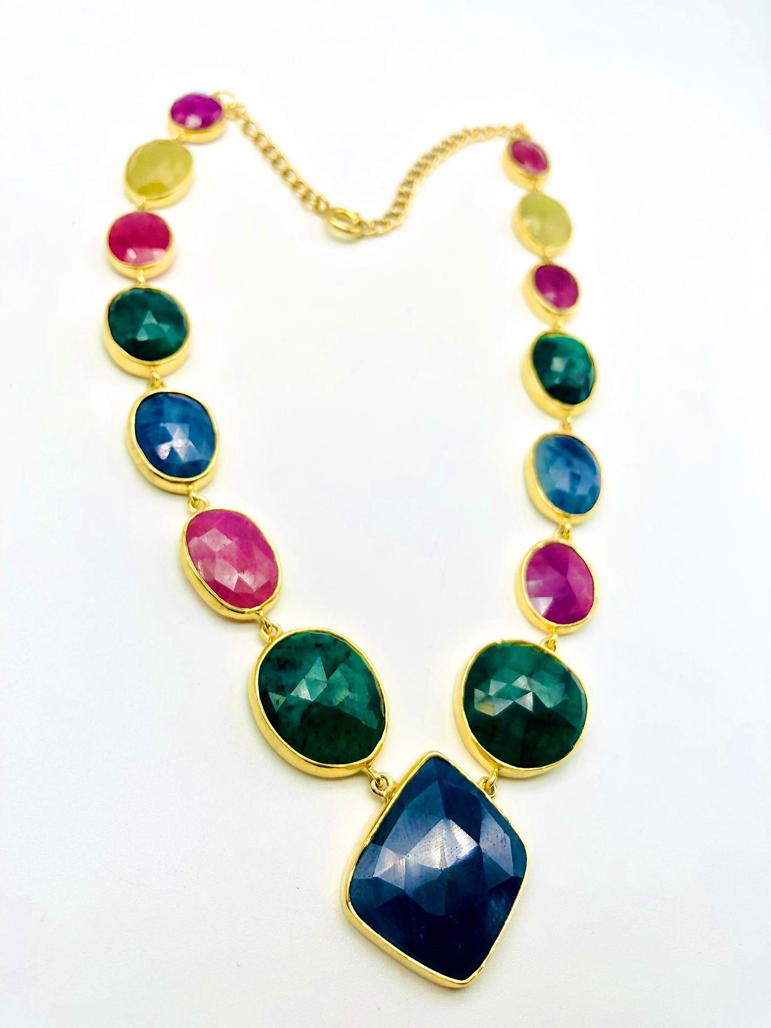 Bochic “Capri” Blue, Multi Sapphire, Emerald & Ruby Necklace Set 18K Gold & Silv For Sale 3
