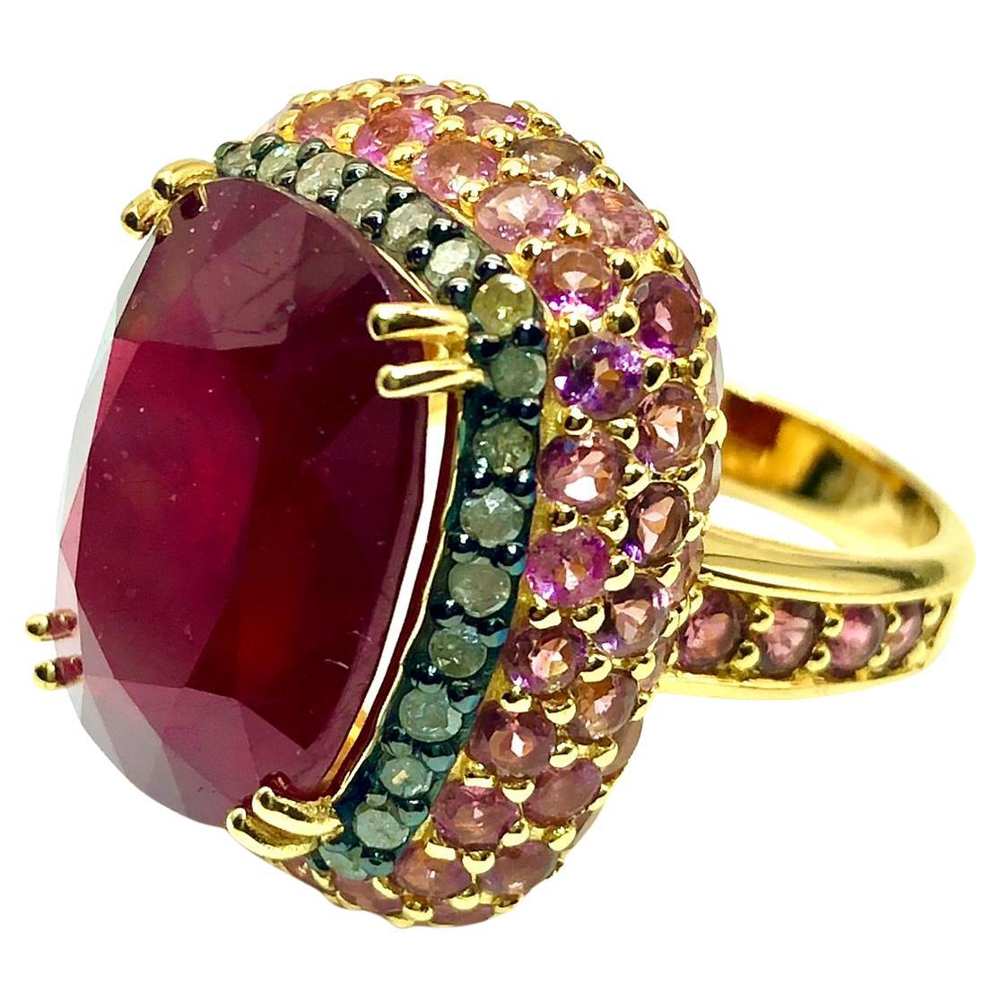 Bochic "Capri" Vintage Rubin, Smaragd & rosa Saphir Ring Set 18K Gold & Silber