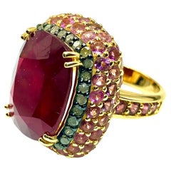 Anillo Bochic "Capri" Vintage de rubí, esmeralda y zafiro rosa, oro de 18 quilates y plata
