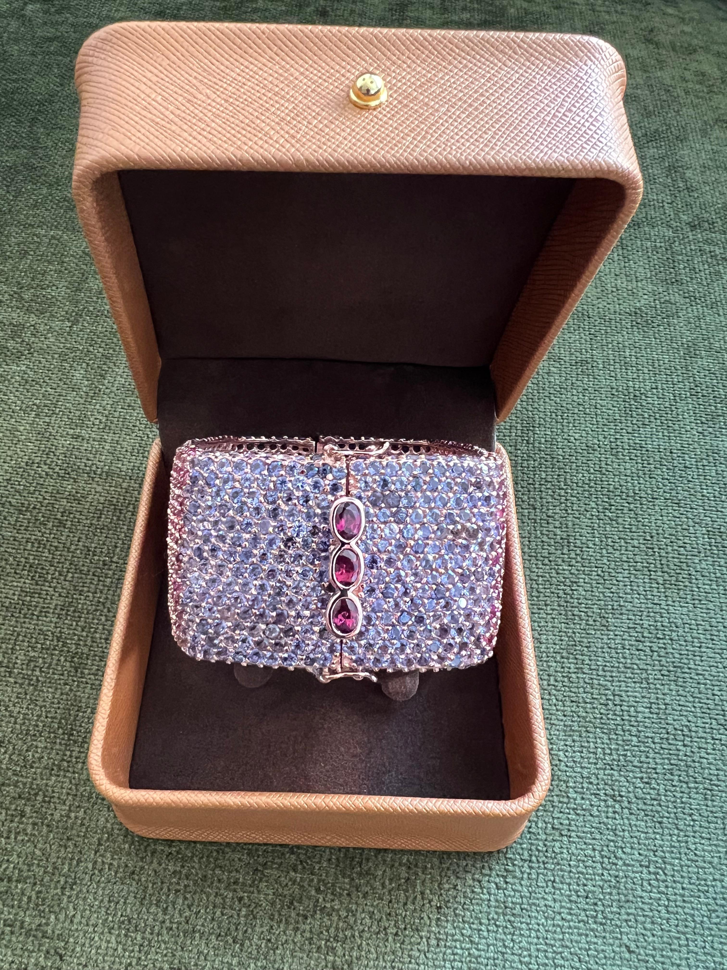 Art Deco Bochic “Capri” Vintage Multi Ruby & Gem Bangle Set In 18K Gold & Silver For Sale