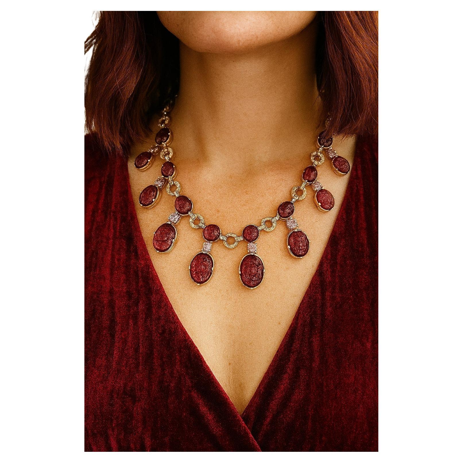Bochic “Capri” Vintage Diamond, Ruby, Sapphire & Amethyst Necklace in 18K Gold & For Sale