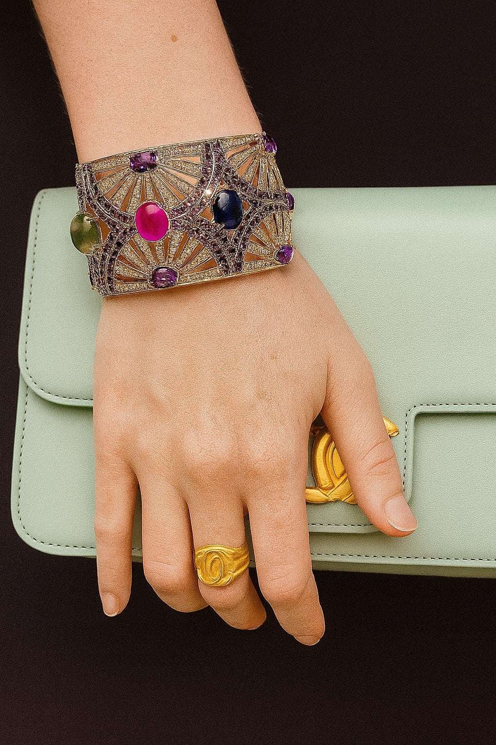 Bochic “Capri” Vintage Ruby, Sapphire & Emerald Cuff Set In 18K Gold & Silver