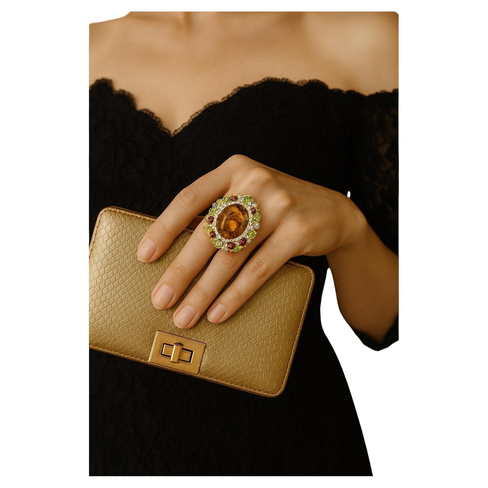 Bochic “Orient” Vintage Diamond, Cognac Citrine & Peridot  Ring Set 18K Gold & S