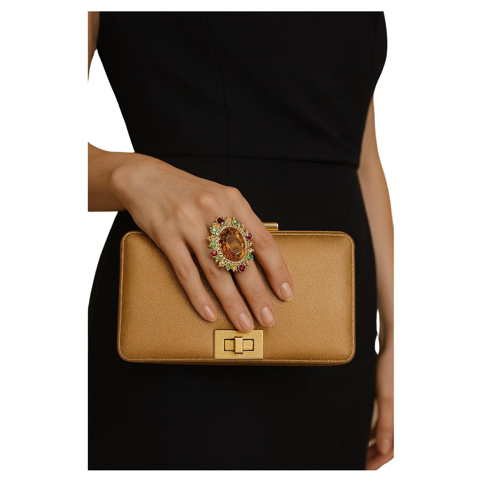 Bochic “Orient” Vintage Citrine, Peridot & Diamond Ring Set In 18K Gold & Silver For Sale