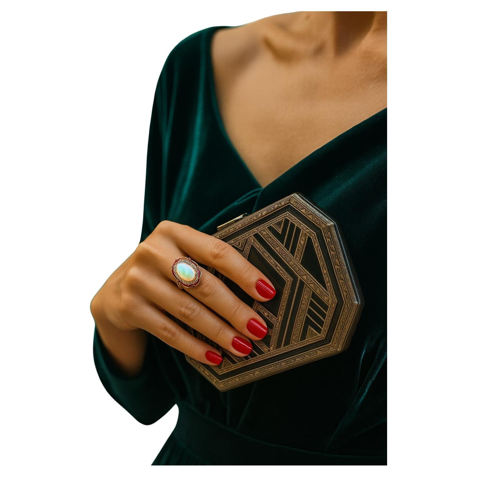 Bochic “Orient” Vintage Art Deco Ruby 
Fire Opal Ring Set In 18 K Gold 
Silver For Sale