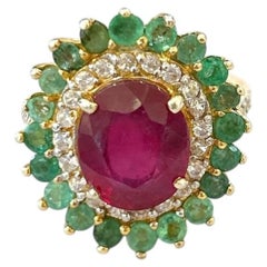 Bochic Orient Vintage-Ring aus 18 Karat Gold und Silber mit Smaragd, Rubin und Diamant