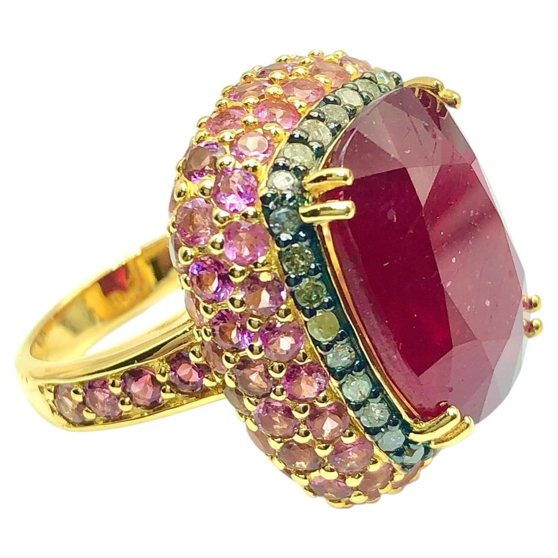 Bochic “Capri” Vintage Ruby, Emerald & Pink Sapphire Ring Set 18K Gold & Silver