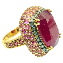Anello Bochic "Capri" Vintage con rubino, smeraldo e zaffiro rosa in oro e argento 18 carati