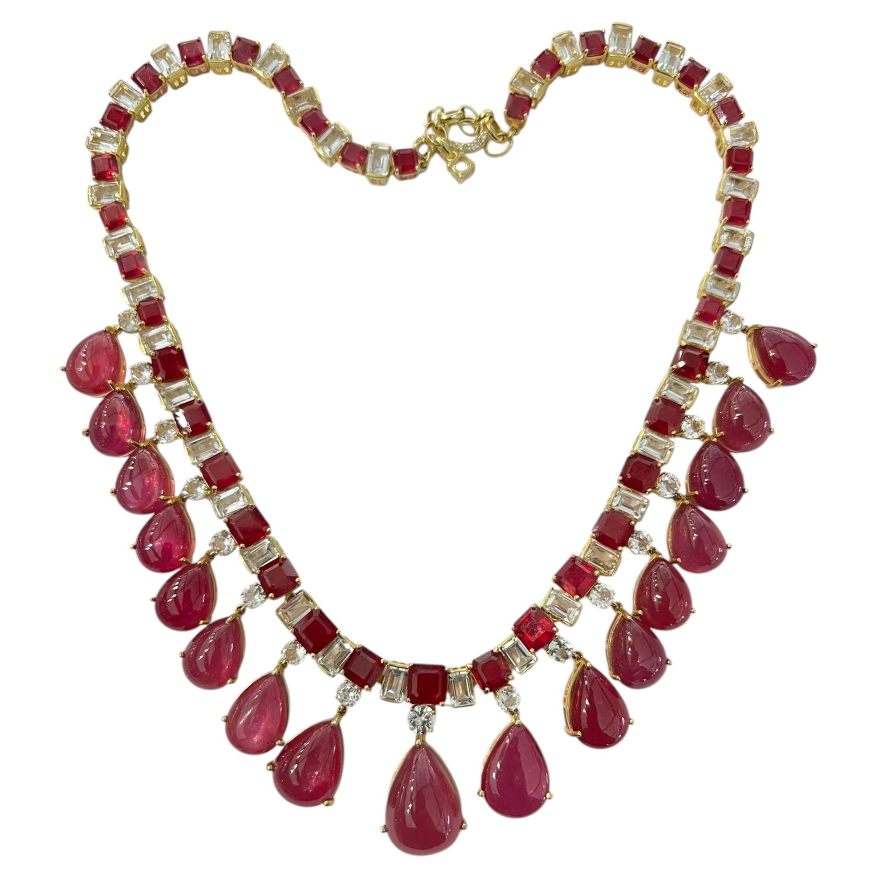 Bochic "Capri" Vintage Ruby & White Topaz Drop Necklace Set In 18K Gold & Silver