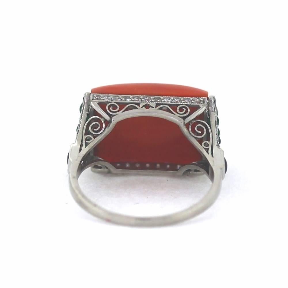Art Deco  Coral Onyx Diamond Platinum Masterpiece Ring