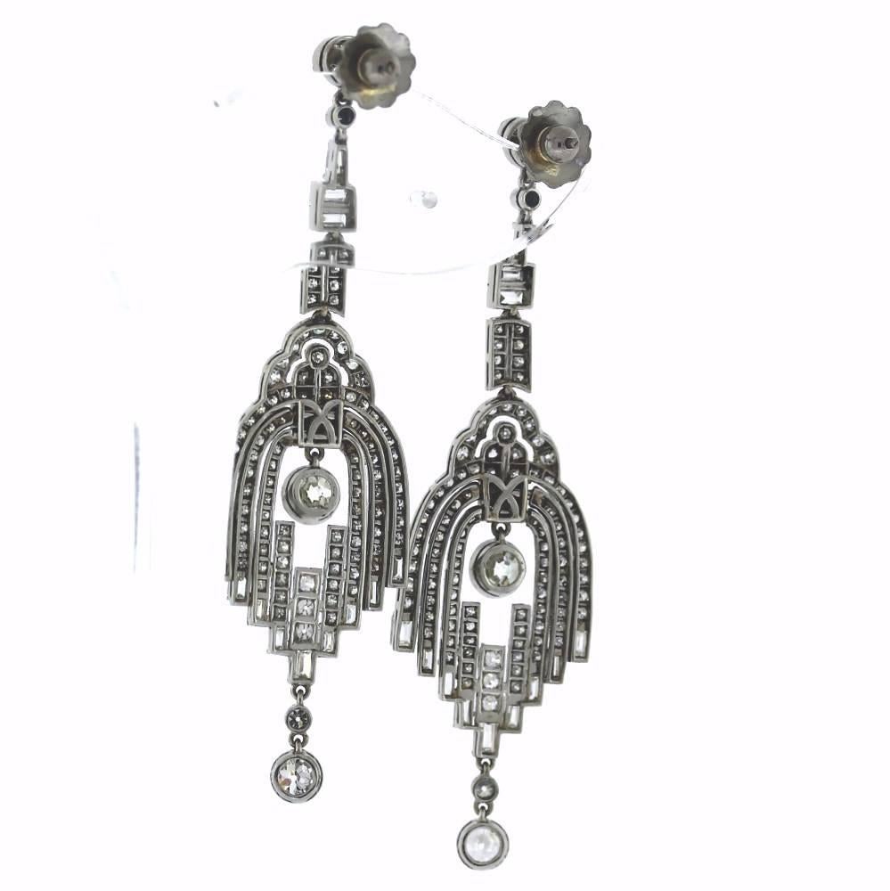 Gorgeous and long original Art Deco Diamond earrings... These are a stunners and could have been worn in the Great Gatsby for all I know!  The old European cut and baguette diamonds total an estimated 7.22tcw.  These are in excellent shape and all
