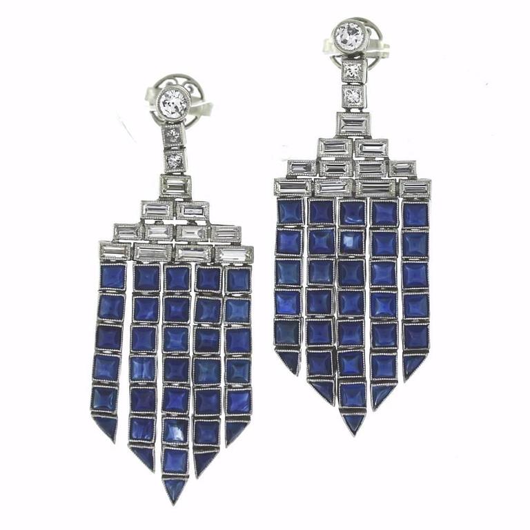 Sapphire Baguette Diamond Platinum Chandelier Earrings For Sale at ...