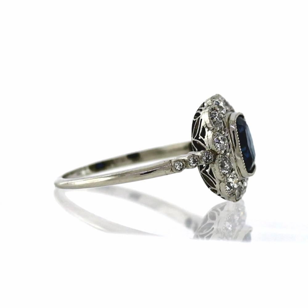 Art Deco Antique Sapphire Old European Cut Diamonds Platinum Halo Ring 